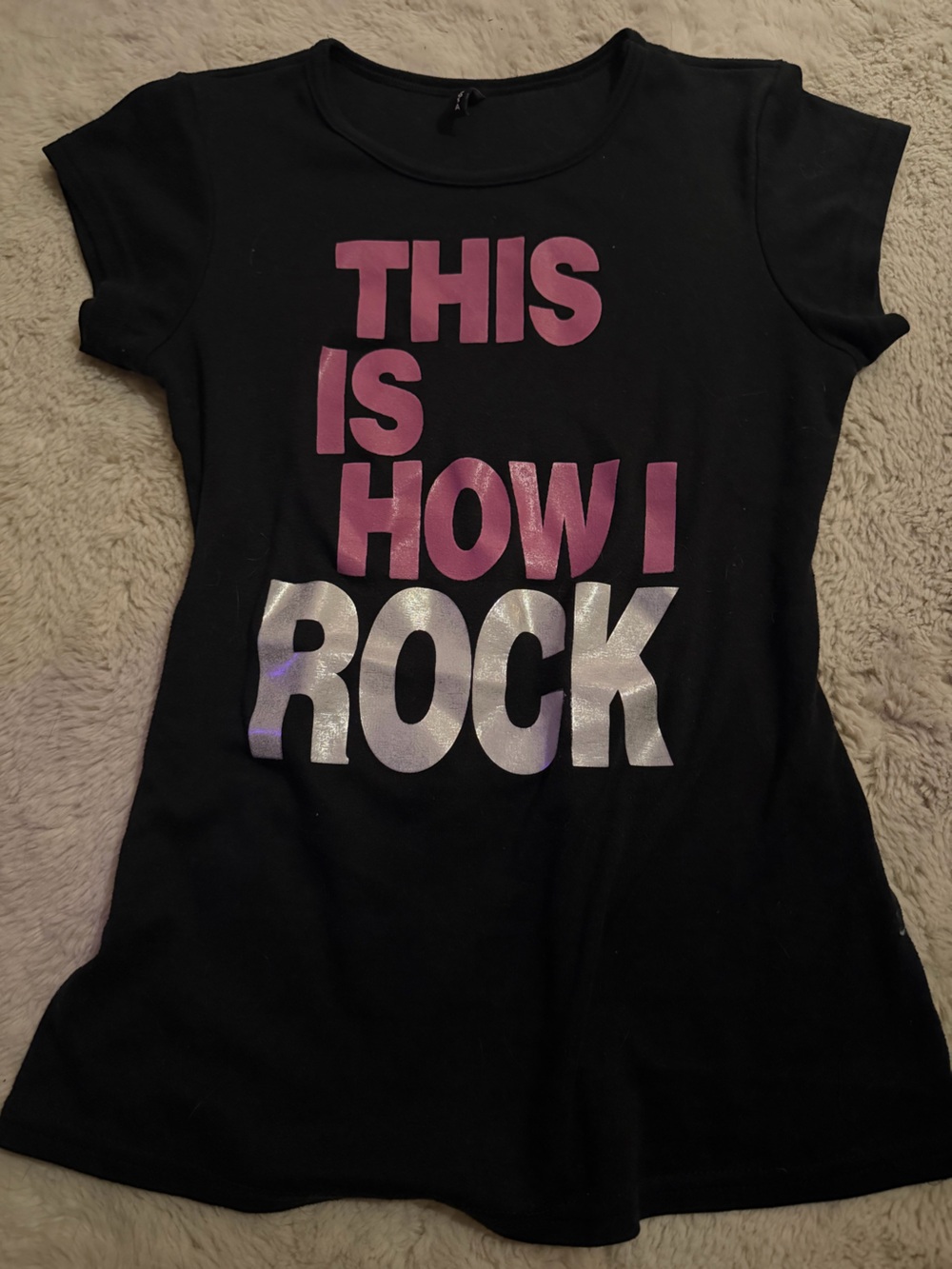 Black Tee with Pink and Silver 'This Is How I Rock' Graphic